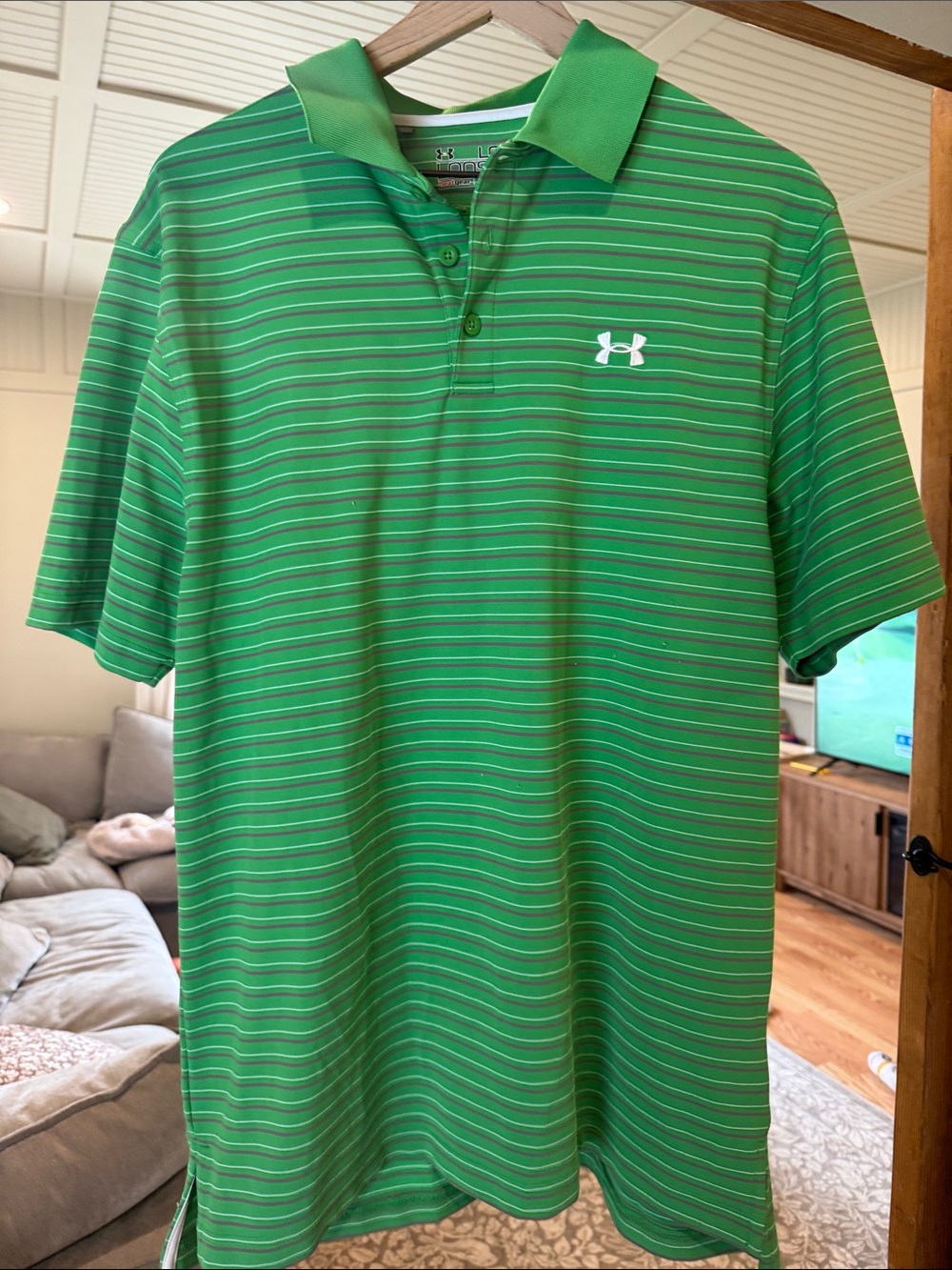 Under Armour Bright Green Striped Performance Polo with White Logo